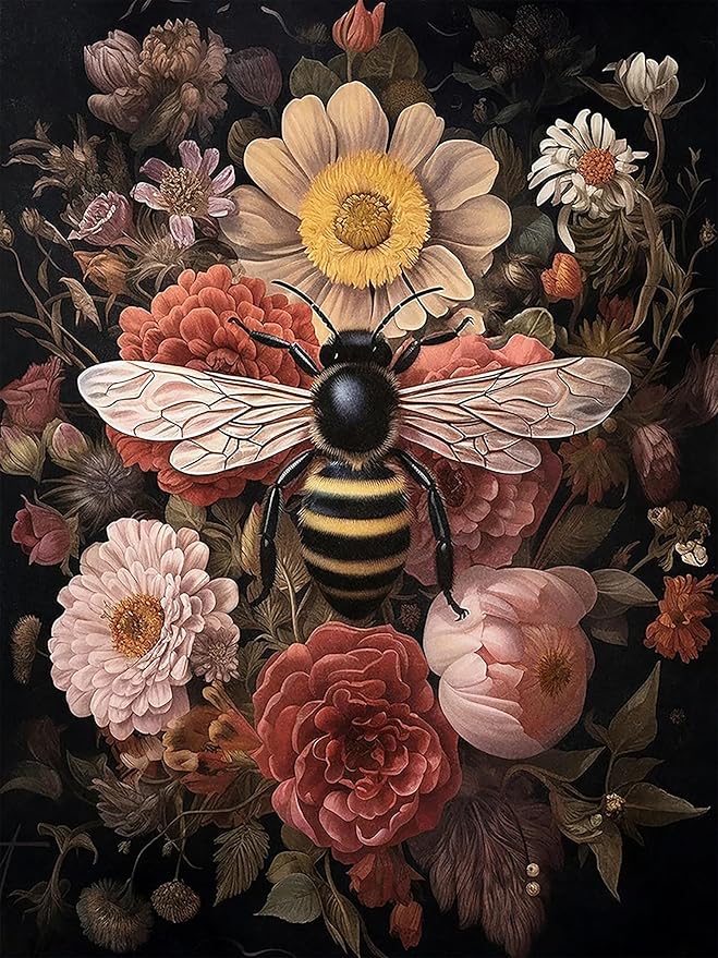 mrpwnle Diamond Art Kits for Adults Bee Diamond Painting Kit for Beginners | Bee Flowers Diamond Art Kits for Adults Beginner DIY Round Full Drill Gem Art Crafts Kit for Home Wall Decor Gifts 12x16inch