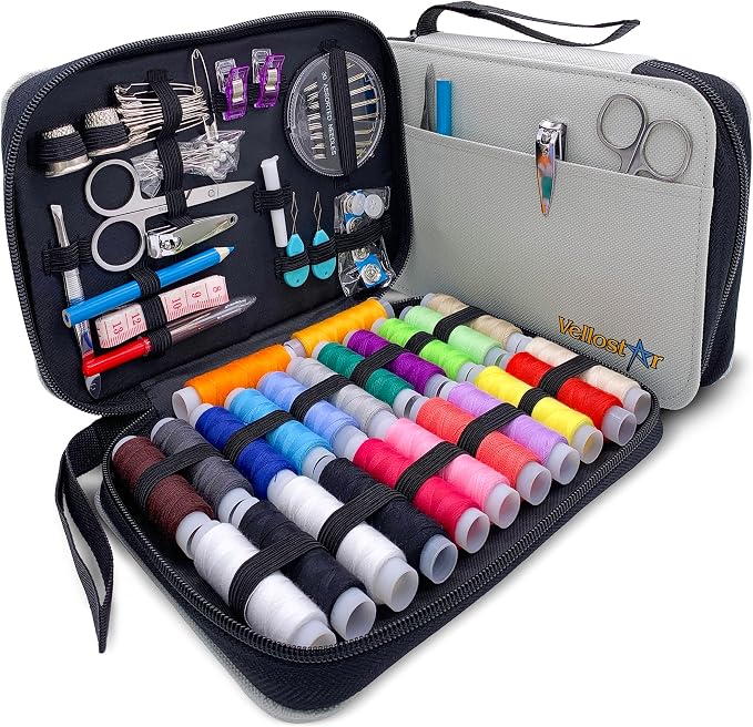 Vellostar Sewing Kit for Adults & Kids - 100-Piece Light Grey Beginner Set | Compact and portable, this sewing kit fits in a bag or glovebox for repairs on the go
