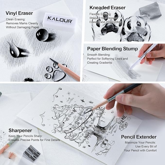 KALOUR 25-Piece Professional Sketch Pencil Set with Matte and Regular Pencils - Includes Vinyl Eraser, Kneaded Eraser, Sharpener, Pencil Extender and Blending Stump - Ideal for Artists and Beginners