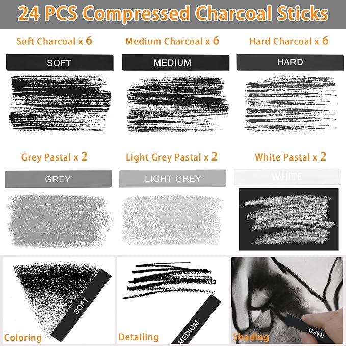 24 Pcs Compressed Charcoal Sticks with Soft, Medium, Hard and White Charcoal, Square Vine Charcoal Stick Kit for Drawing, Sketching and Shading, Art Supplies for Artists Beginners