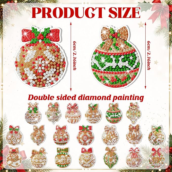 Tondiamo 20 Pcs Christmas Gingerbread Ball Diamond Painting Keychains Kit, Xmas Bauble Ornaments DIY Diamond Art Key Pendant Set for Xmas Tree Decor Party Favors Gift