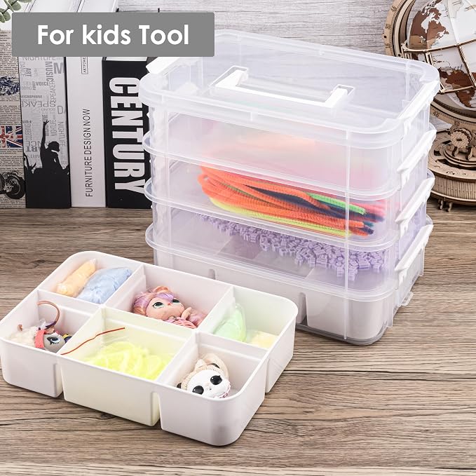 CraftGenes Craft Organizer, 4 Tier Storage Box with Removable Trays, White | 4 Storage Tiers; 2 Removable Trays; Side Latches; Stackable Design; For Beads, Thread, Tools, Crafts and Accessories
