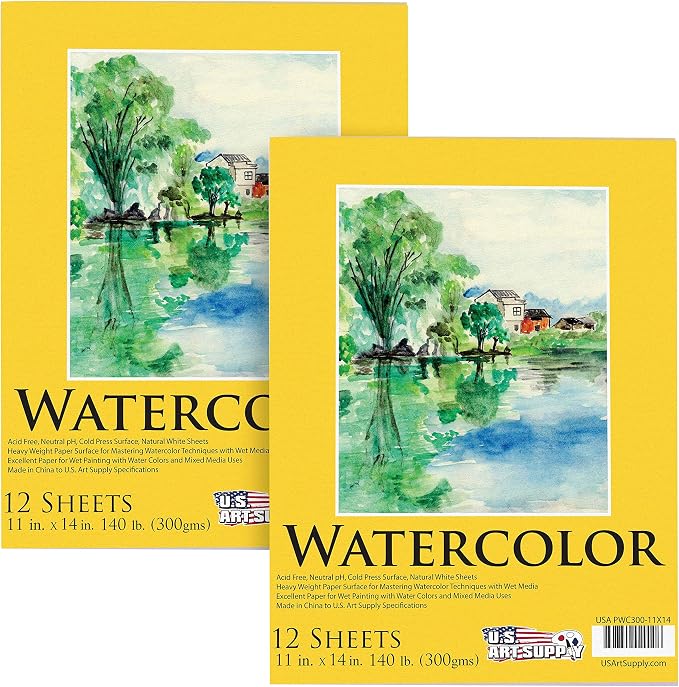 U.S. Art Supply 11" x 14" Premium Heavyweight Watercolor Paper Pad, 2-Pack