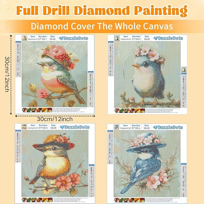 DAZZLEDOTS 4 Pack Bird Diamond Art Kits for Adults, Bird Diamond Painting