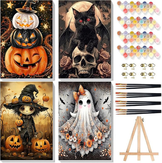 Paint by Numbers for Adults Halloween with Framed Canvas - Wooden Easel | 4 Pack Halloween Paint by Number on Canvas, DIY Acrylic Oil Painting Kits with Brushes for Home Wall Decor (8x12 inch)