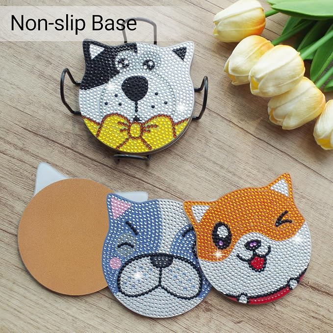Vcekract 6 Pcs Dog Diamond Art Coasters Kit for Adults | Diamond Painting Coasters with Holder & Protective Backing, Diamond Art Adult Crafts for Table Home Decoration
