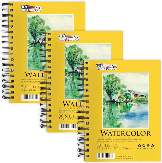 U.S. Art Supply 5.5" x 8.5" Premium Heavyweight Watercolor Paper Pad,3-Pack