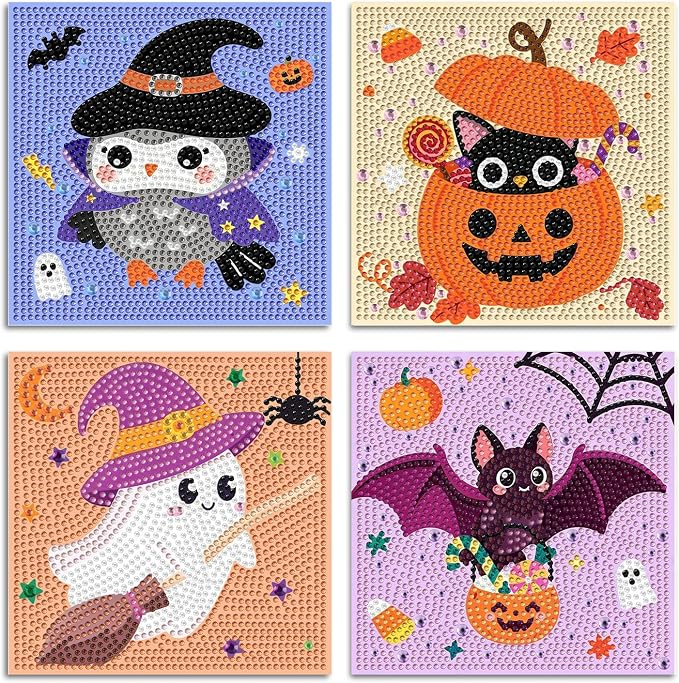 4 Pack Halloween Diamond Art Kits for Kids Ages 4-8-10-12 Gem Art for Kids | Halloween Diamond Painting Kits for Kids, Kids Diamond Art Small, Gem Painting Kit for Boys Girls,for Gift and Decor 6x6 Inch