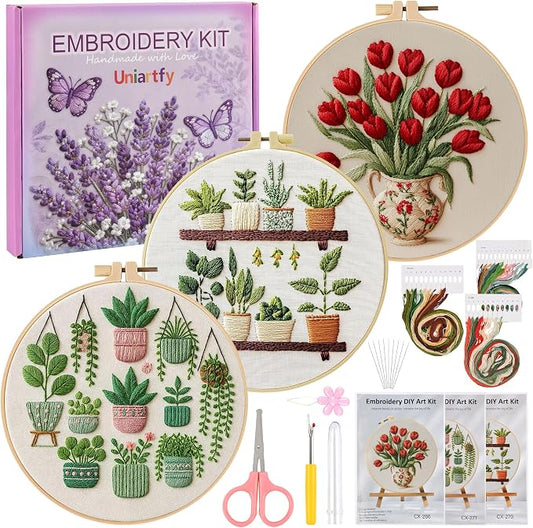 3 Pack Embroidery Kit for Adult Beginners, Needlepoint Cross Stitch Kits with Flower and Green Plant Stamped Patterns, Embroidery Hoop, Tools,Colorful Threads,Step by Step Instructions,DIY Starter Kit