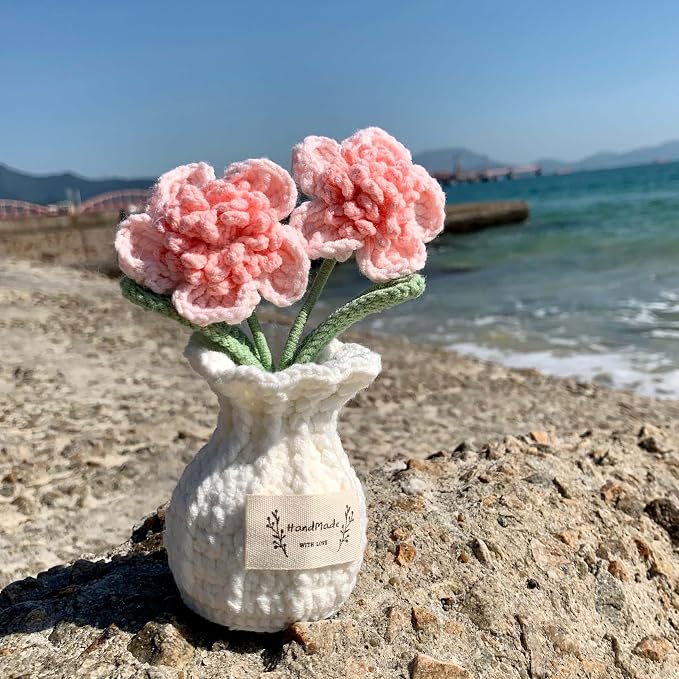 Crochet Paris Polyphylla Flower Pot Handmade Knitted Desk Decor Pink Potted Plant for Home Office