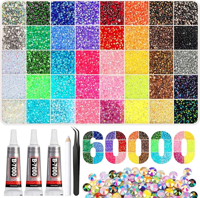 Artdone 60000Pcs Resin Rhinestones 3mm Jelly AB 40Colors Bedazzling Kit | Glitter DIY, Multicolor Crystal Diamond Pearls with 3Pcs 10ml B7000 Jewelry Glue for Bedazzled Nail Art Supplies Decoration