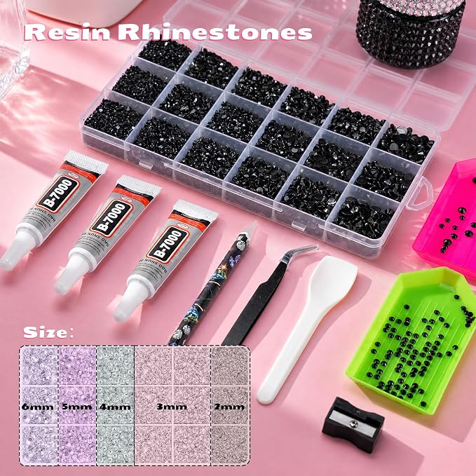 32000 Pcs Resin Jelly Rhinestones Kit, Black 2/3/4/5/6mm Flatback Rhinestones with 3 Pcs B7000 Jewelry Glue & Tools, All-in-One Bedazzling Kit for DIY Arts & Crafts Gifts