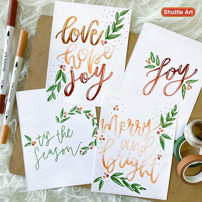 Shuttle Art Dual Brush Marker Pens, 56 Colors Water-based Ink, Dual Tip Calligraphy Pens Fineliner and Brush Tip perfect for Kids Adult Artist, Hand Lettering, Journal, Doodling, Writing