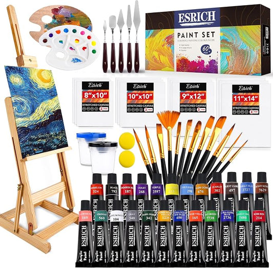 ESRICH 60PCS Acrylic Paint Set for Adults with Table Wood Easel