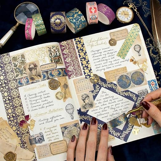 Gold Foil Washi Tape Set — 24 Rolls Vintage Dark Academia Aesthetic, Baroque Gothic Jewel Tone Decorative Tape for Junk Journal Supplies, Scrapbook, Planner — Gift Box (3 Sizes)