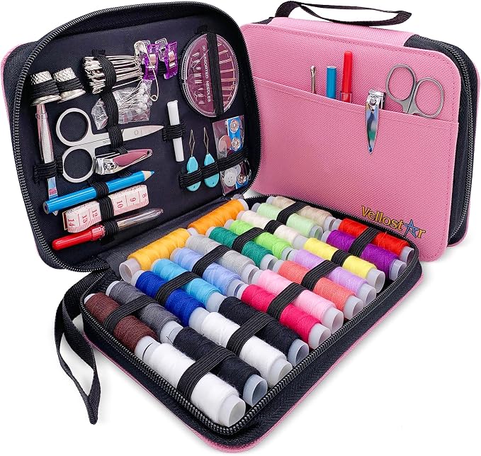 Vellostar Sewing Kit for Adults, Teens & Kids - 100-Piece Pink Beginner Set | Compact needle & thread kit for clothing repairs, ready for home, travel, emergencies, a practical gift for anyone who sews