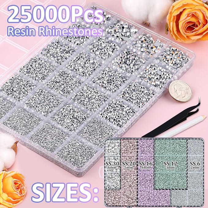25000Pcs Resin Rhinestones for Crafting, Silver 2-6mm Mixed Sizes Non Hotfix Flatback Gems with 1Pcs Glue, Bedazzling Crystal for DIY Craft Clothing Mugs Tumblers Shoes Fabric Decor Nail Art