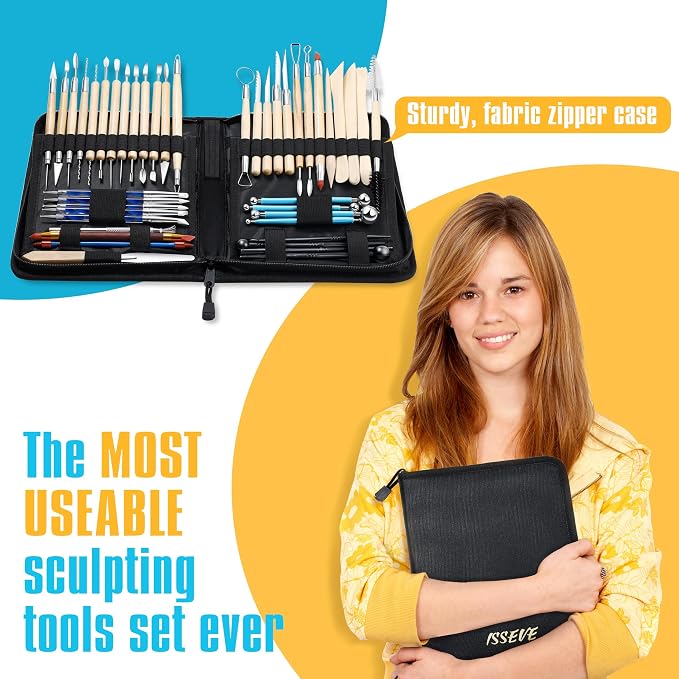 ISSEVE 43Pcs Pottery Clay Sculpting Tools Set with Stand-Up Organizer Bag