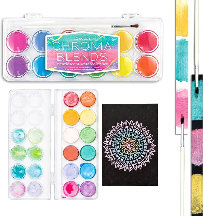 Ooly Chroma Blends Pearlescent Watercolor Set, 12 Colors | Ages 6+, 12 Vibrant Pearlescent Colors in a Portable Case, Brush Included, Watercolor Art Supplies for Kids and Adults