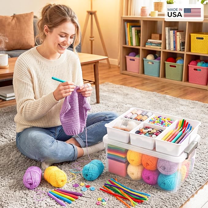 Citylife 17QT Clear Craft Organizers and Storage Box with Removable Tray | Stackable Art Supply Organizer Storage Bins with Lids for Beads, Markers, Sewing, Tools, Playdoh, Coloring Books, Made in USA