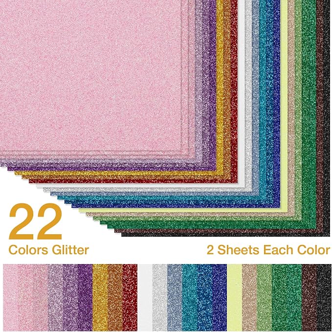 TORC 44 Sheets Glitter Cardstock Paper, 22 Colors A5 Sparkle Paper, 250GSM Heavy Craft Cardstock for Cricut, Die Cutting, Scrapbooking, Card Making, Party Decorations, Invitations, Non-Shedding