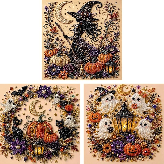 PYKI Halloween Ghost Pearl Art Kit - 3PCS 3D Diamond Painting for Adults, DIY Fall Home Decor, Beginner-Friendly Craft with Complete Supplies (Ghost+Pumpkin+Witch)