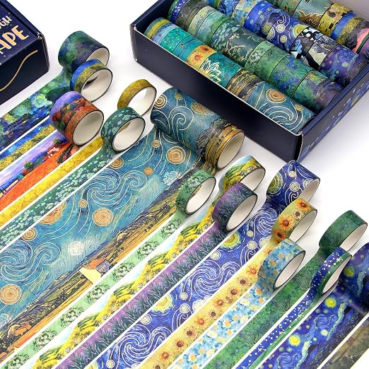 Geesinimo Washi Tape Set, 36 Rolls Van Gogh Vintage Gold Washy Tape, Wide Decorative Tape for Journaling, Scrapbooking Supplies,Vision Board Supplies, 6 Sizes Craft Watercolor Tape