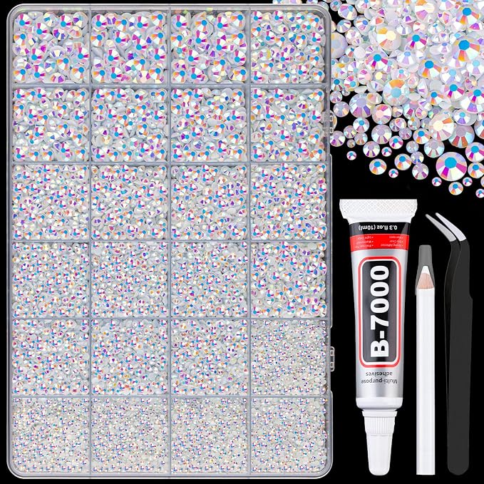 25000Pcs Resin Rhinestones for Crafting, White AB 2-6mm Mixed Sizes Non Hotfix Flatback Gems with 1Pcs Glue, Bedazzling Crystal for DIY Craft Clothing Mugs Tumblers Shoes Fabric Decor Nail Art