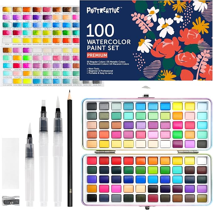 100 Colors Watercolor Paint Set - Vibrant Pigments in Portable Metal Case with 3 Water Brushes, Non-Toxic Travel-Friendly Painting Kit for Professional Artists/Students/Beginners