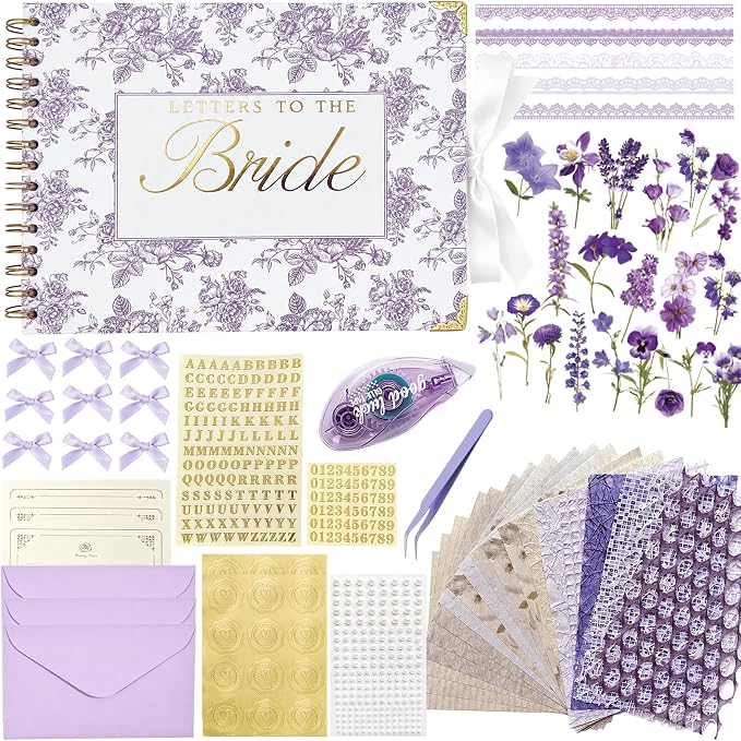 Ratutodax Letters to The Bride Scrapbook Kit,10"x8" DIY Wedding Guest Book | Purple Floral;Lay-flat gold coil design;50 blank pages of 180gsm;Fits 5" x 7" photos;160+ accessories;Bridal Shower Gift
