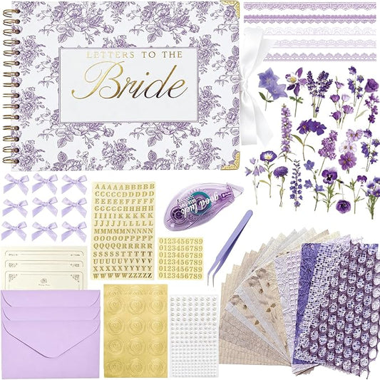 Ratutodax Letters to The Bride Scrapbook Kit,10"x8" DIY Wedding Guest Book | Purple Floral;Lay-flat gold coil design;50 blank pages of 180gsm;Fits 5" x 7" photos;160+ accessories;Bridal Shower Gift