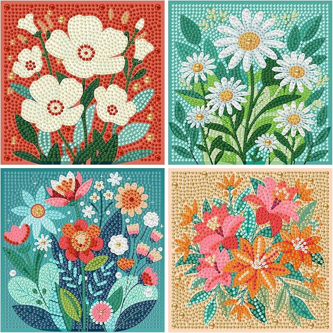 cviokrdu 4 PCS Diamond Art Kits for Kids, Flowers Diamond Art for Kids Ages 4 8 12, Flower Gem Art Kit Crafts Beginners for Gift Home Wall Decor (6x6inch)