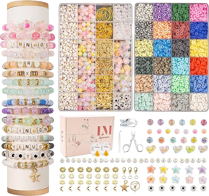 Lynnmos Clay Beads 8500 Pcs 2 Boxes Bracelet Making Kit - 24 Colors Polymer Clay Beads for Bracelet Making Set - Heishi Disc Beads for Jewelry Making kit with Charms and Gift Pack for Girls