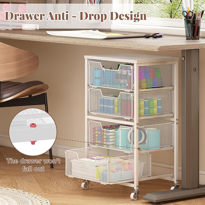4-Drawer Rolling Storage Cart, Utility Cart with Drawers, White Metal Craft Cart Organizer with Wheels & Wooden Top, Art Supply Storage Organizer for Classroom, Office, Kitchen,Patent Pending