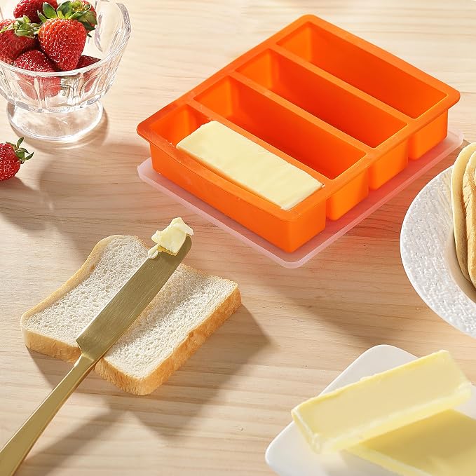 OHOLA Silicone Butter Mold Tray with Lids, Non-Stick for Chocolate, Energy Bars and Cake (1Pack, Stylish Orange Color)