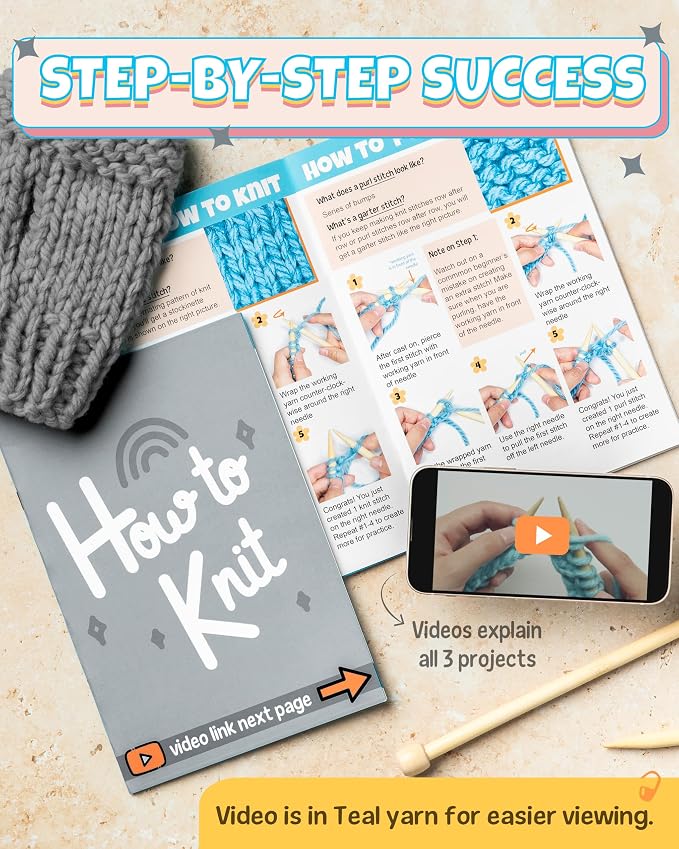 Complete Knitting Kit for Beginners - Learn to Knit Kit with Knitting Accessories Like Thick Beginner Yarn in Gray, Bamboo Needles for Beginners & More - Includes Video Tutorials & Written Guide
