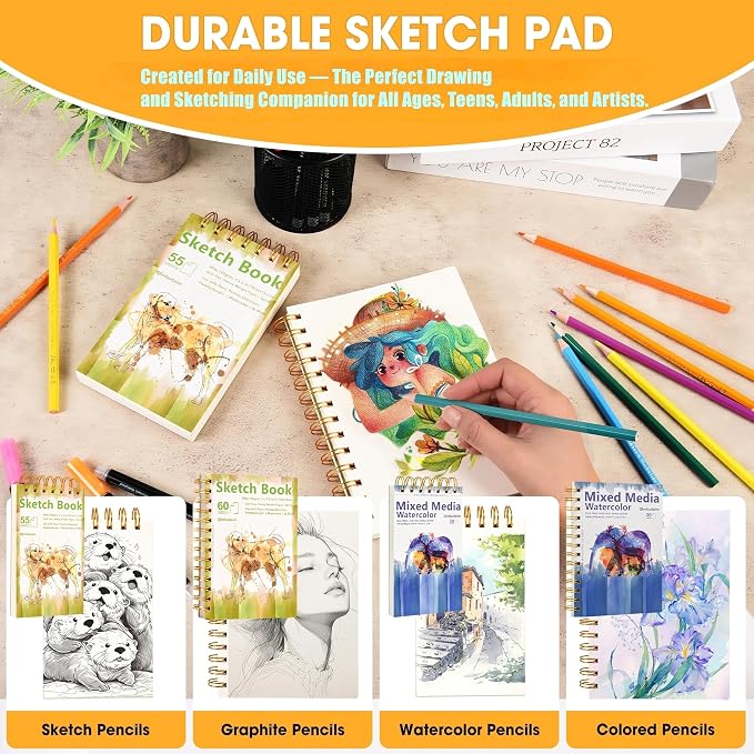 Qlmhudaim Mixed Media Sketchbook, 5"x7.5", 60 Sheets 160gsm/98lb Acid-Free Paper, Spiral Bound Sketch pad for Crayon, Marker, Color Pencil & Sketching,Multi-Medium Art Notebook for Beginners, Teens.