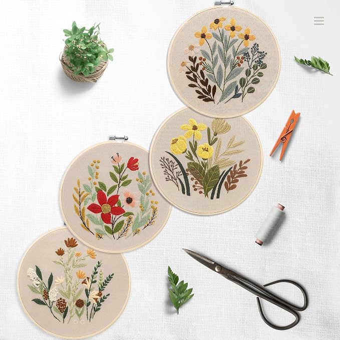Bonroy 4 Sets Embroidery Set for Beginners, Art Craft, Easy Sewing, Includes Embroidery Clothing, Pattern, Embroidery Hoop, Instruction Manual, Colorful Thread Stitch Set (11)
