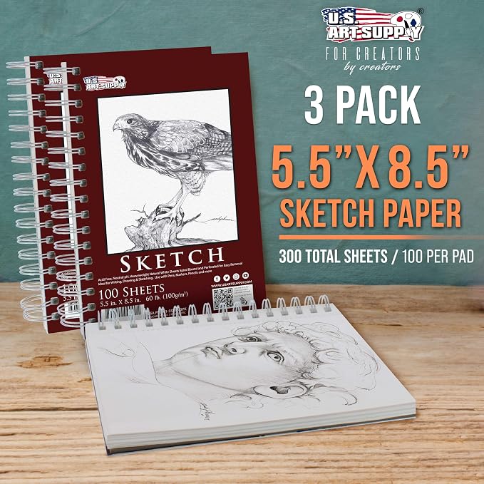 U.S. Art Supply 5.5"x8.5" Sketch Book Pad, Spiral Bound 100 Sheets, 2-Pack | 60lb (100gsm) Spiral Bound - Sketching, Drawing Acid-Free Paper - Sketch Pads For Adults, Students: Colored Pencils, Charcoal