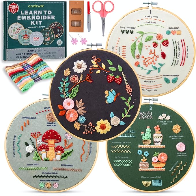 Craftwiz 4-Piece Starter Embroidery Kit for Beginners with Simple Patterns, Learn to Embroider 31 Stitches with Hand Embroidery Kit