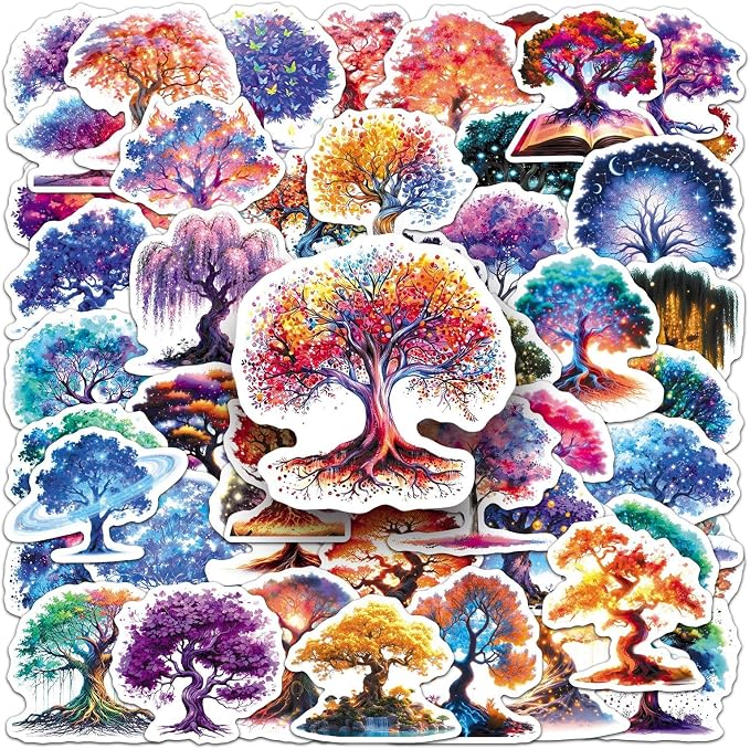 50Pcs Colorful Tree of Life Stickers, symbolizing Growth and Connection, Waterproof and Removable, Decorative for Hand Account, Vision Board, Laptop, Water Bottle, Meditation Diary(Tree)