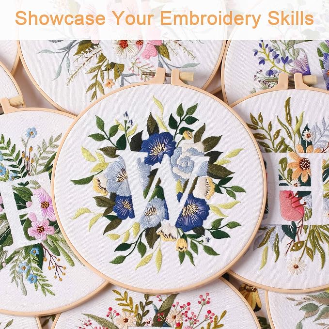 Harimau Letter Pattern W Embroidery Kit for Adult Beginners, Complete Starter Pack with 1 Hoop, Needles, Instruction Guide & Embroidery Stitch Video Tutorials