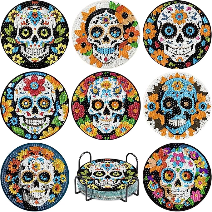 hkejoi 8 Pcs Skull Diamond Art Coasters Kit for Adults, Skull Diamond Painting Coasters with Holder, 5D Gem Art, DIY Crafts Diamond Dots for Gift Home Decor