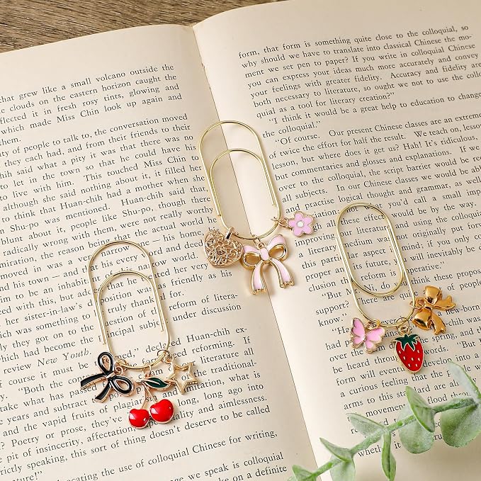 Cute Metal Bookmark Gifts - 3 PCs Charm Cherry Strawberry Bow Paperclip Book Mark Unique Large Aesthetic Page Marker Planner Paper Clip Reading Lover Women Kids Bookish School Accessories