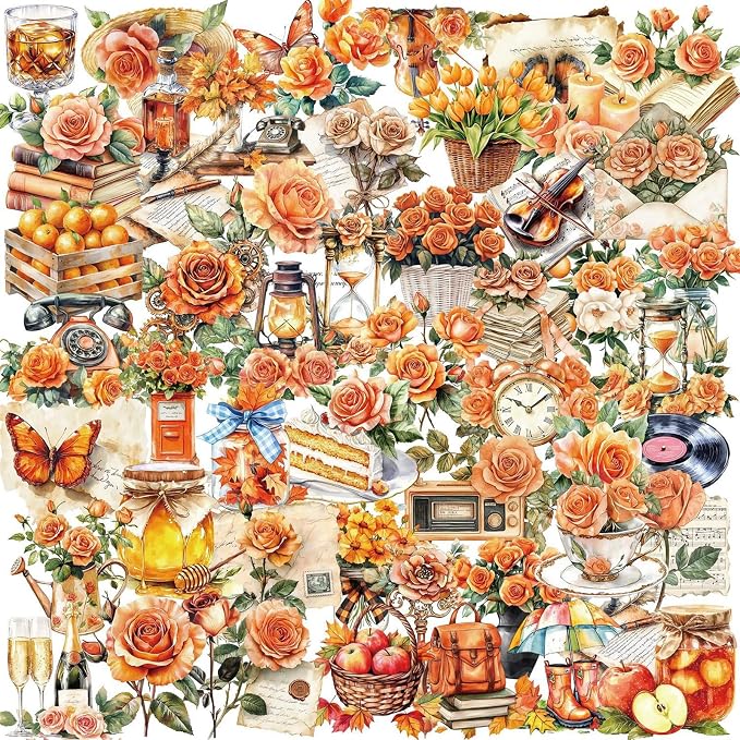 50 Pieces Vintage Orange Rose Floral Transparent Stickers for Scrapbooking, Self-Adhesive Scrapbooking Stickers Supplies Journal Stuffers for Adult Card Making Letters DIY
