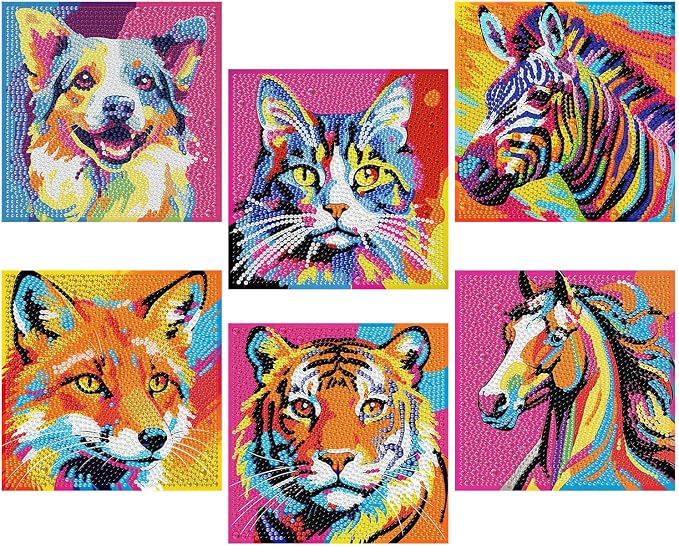 ajepon 6 Pack Animal Diamond Art Kits for Kids, Animals Diamond Art for Kids Ages 8-12, Dog Cat Tiger Zebra Fox Horse Gem Painting Kits for Kid for Gift Home Wall Decor (6x6inch)