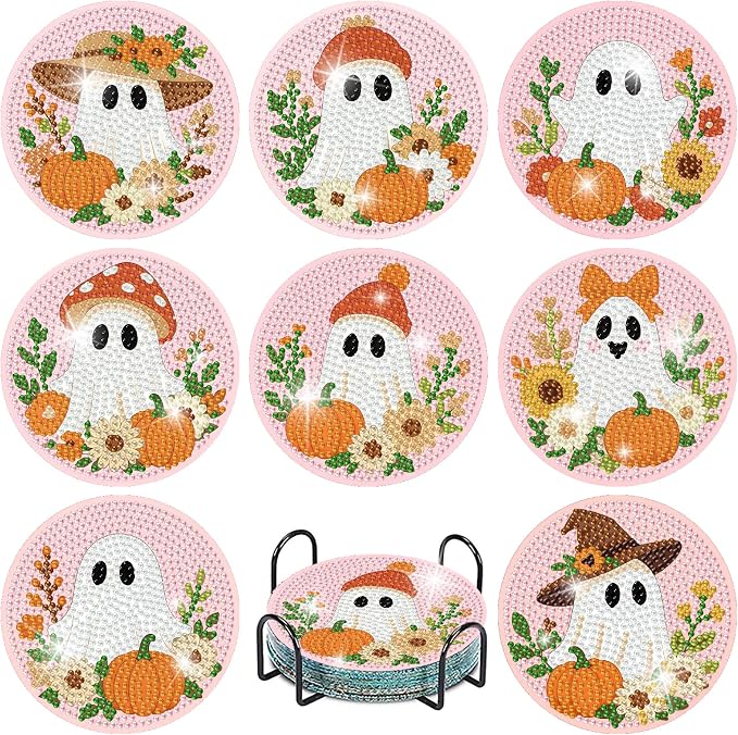 8 Pcs Halloween Diamond Art Coasters Kits with Holder 4X4 Inch