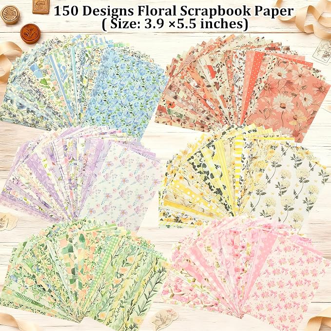 Flartmo Scrapbook Supplies Kit with 246 Sheets Textured & Floral Scrapbook Paper, 50 Pcs Flower Scrapbook Sticker & 3 Rolls Double-Sided Tape for Scrapbooking, Junk Journal, Card Making, Embellishment