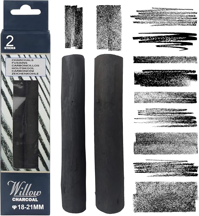 Willow Charcoal Sticks, 18-21MM Jumbo Willow Charcoal Pencils for Artists, Beginners, Students, 2 Pcs Natural Charcoal Stick for Sketching, Drawing, and Shading