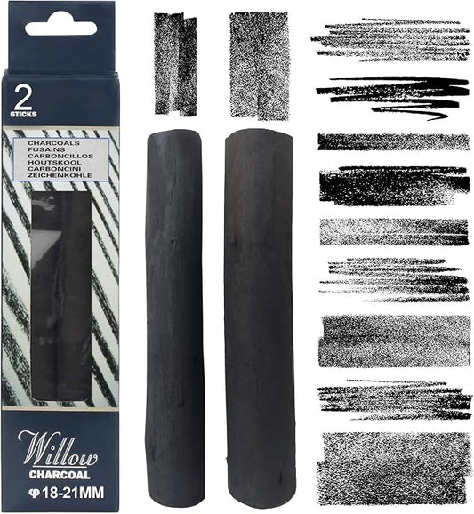 Willow Charcoal Sticks, 18-21MM Jumbo Willow Charcoal Pencils for Artists, Beginners, Students, 2 Pcs Natural Charcoal Stick for Sketching, Drawing, and Shading